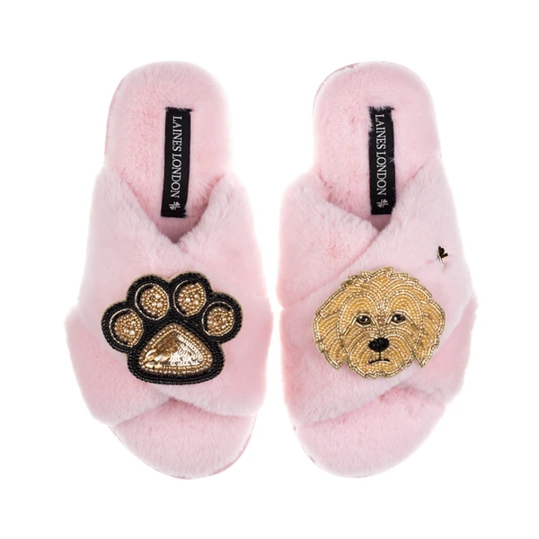 Laines London Classic Laines Slippers With Paw & Golden Cockapoo Brooches