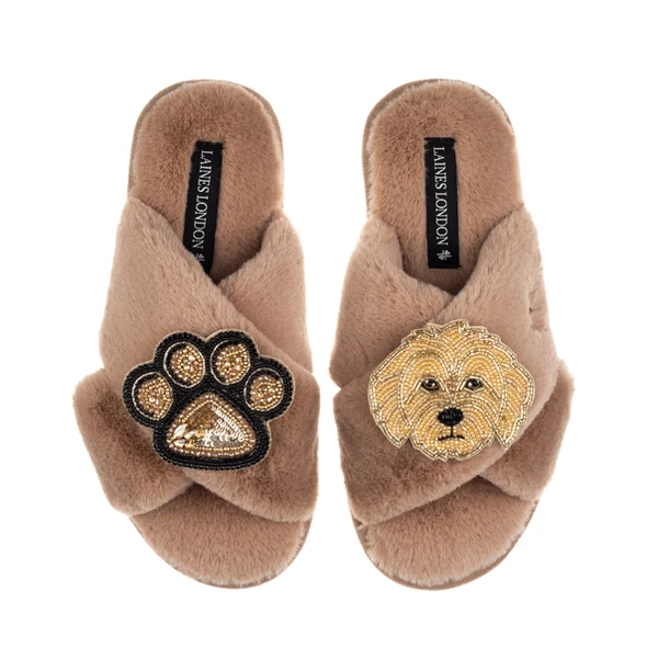 Laines London Classic Laines Slippers With Paw & Golden Cockapoo Brooches