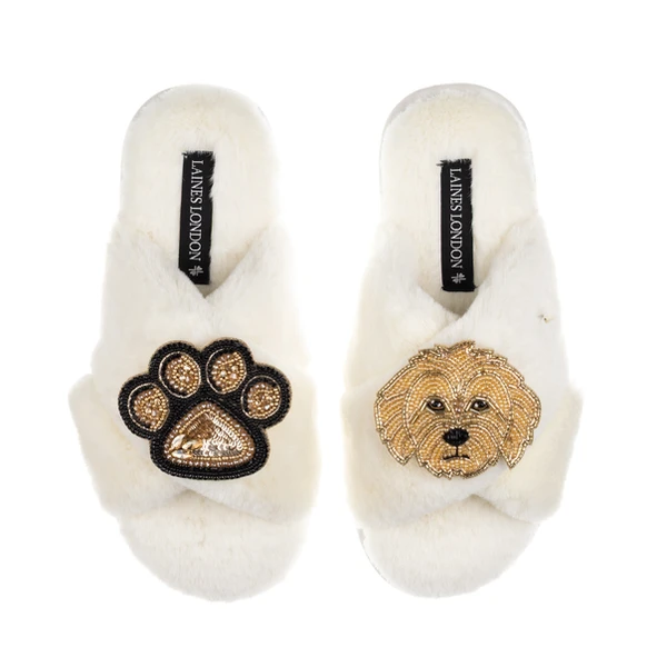 Laines London Classic Laines Slippers With Paw & Golden Cockapoo Brooches
