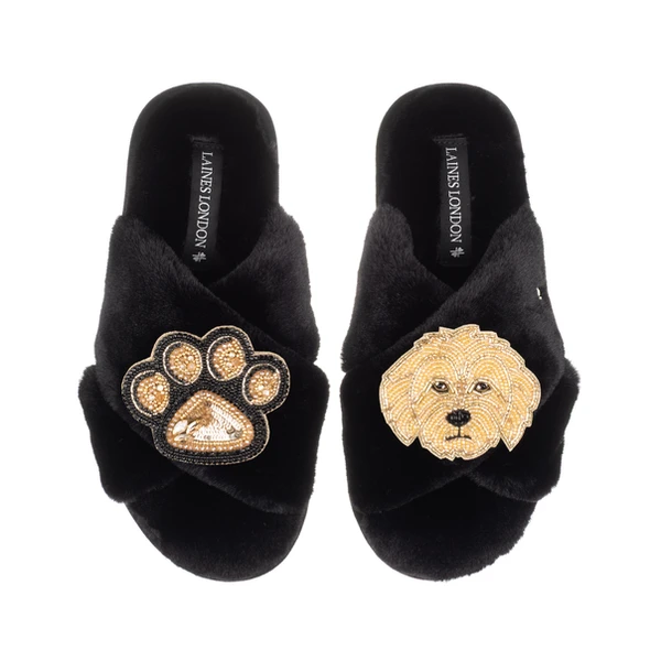 laines london Classic Laines Slippers With Paw & Golden Cockapoo Brooches