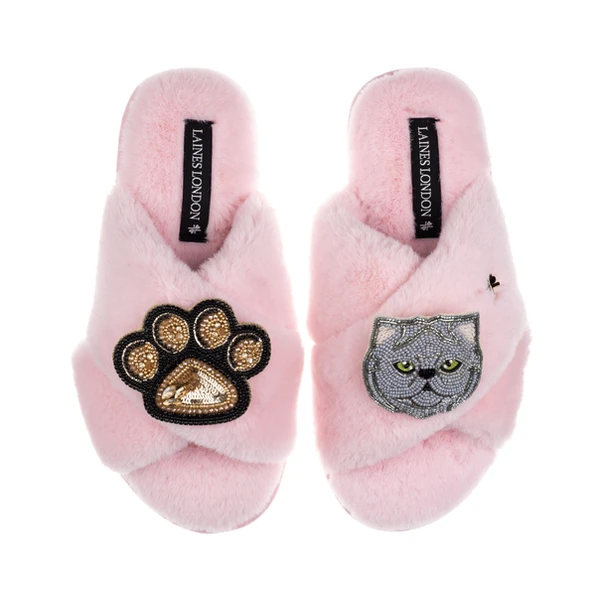 Laines London Classic Laines Slippers With Paw & Grey Persian Cat Brooches