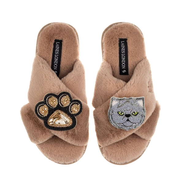 Laines London Classic Laines Slippers With Paw & Grey Persian Cat Brooches