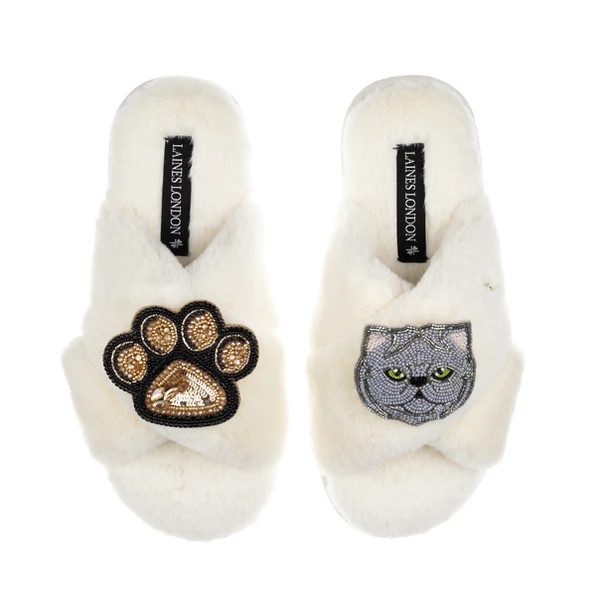 Laines London Classic Laines Slippers With Paw & Grey Persian Cat Brooches