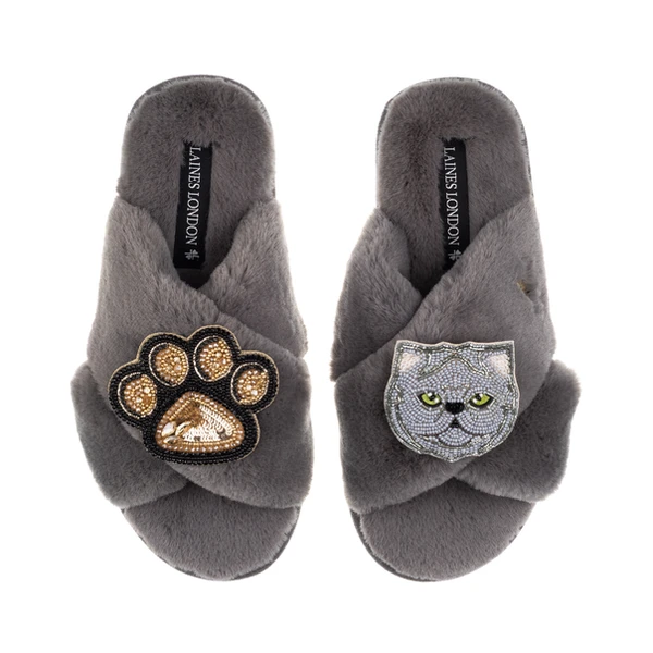 laines london Classic Laines Slippers With Paw & Grey Persian Cat Brooches
