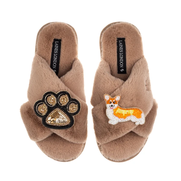 Laines London Classic Laines Slippers With Paw & Peach The Corgi Brooches