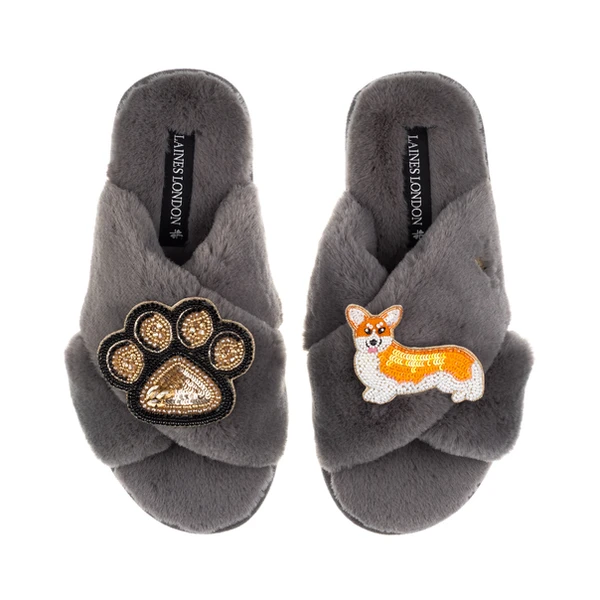 Laines London Classic Laines Slippers With Paw & Peach The Corgi Brooches