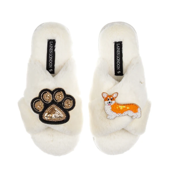 laines london Classic Laines Slippers With Paw & Peach The Corgi Brooches
