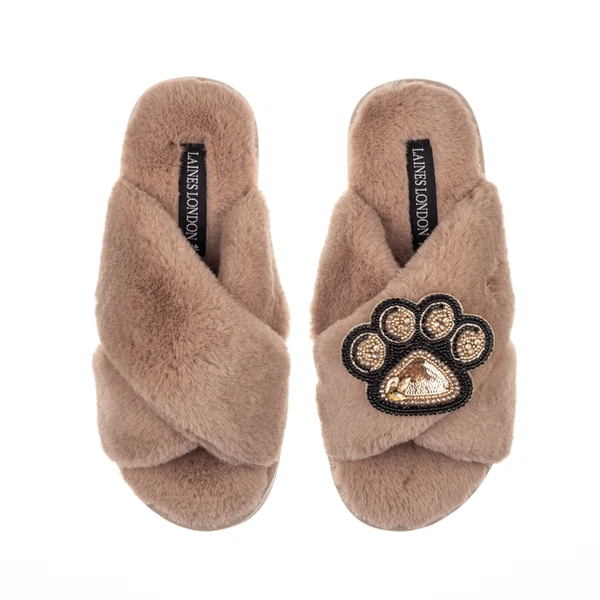Laines London Classic Laines Slippers With Paw Print Brooch