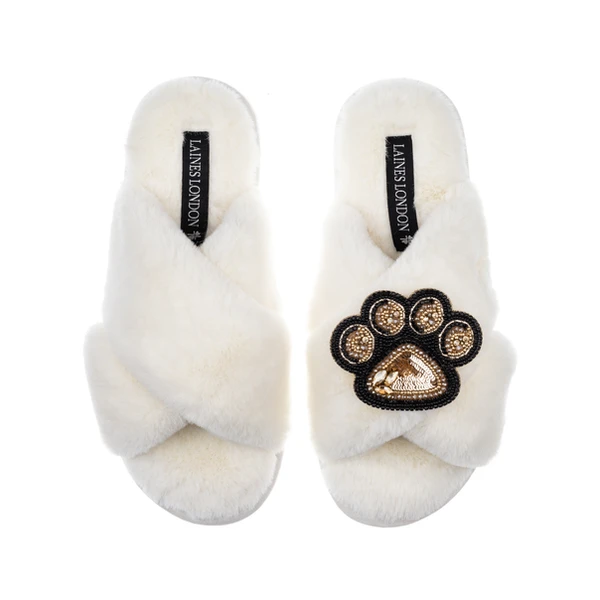 Laines London Classic Laines Slippers With Paw Print Brooch