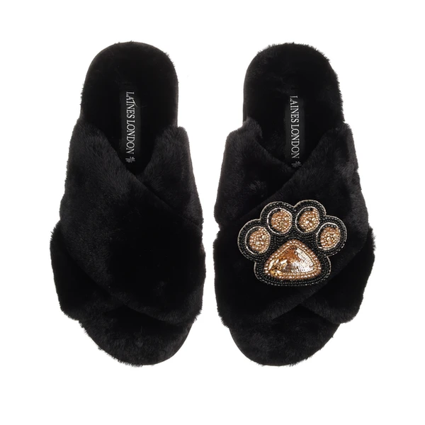 laines london Classic Laines Slippers With Paw Print Brooch