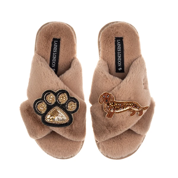 Laines London Classic Laines Slippers With Paw & Red Dachshund Brooches