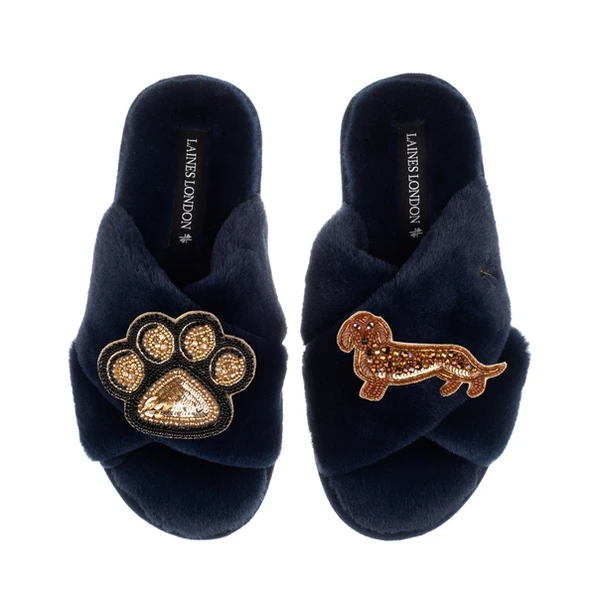 Laines London Classic Laines Slippers With Paw & Red Dachshund Brooches