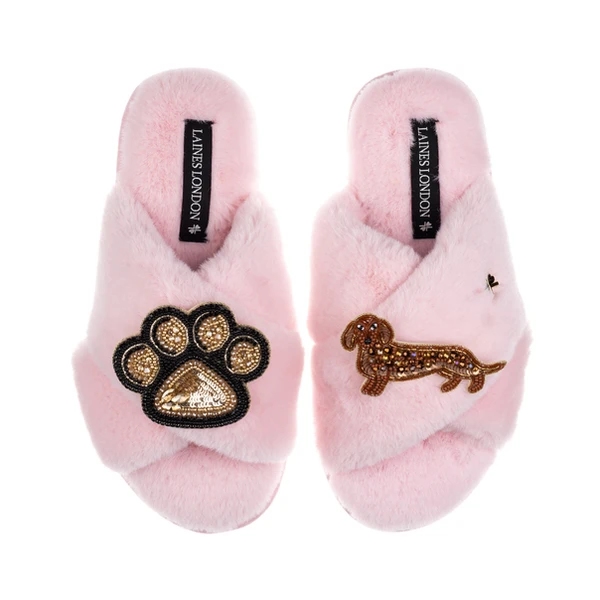 Laines London Classic Laines Slippers With Paw & Red Dachshund Brooches