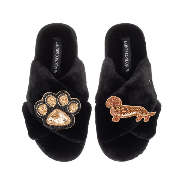 laines london Classic Laines Slippers With Paw & Red Dachshund Brooches