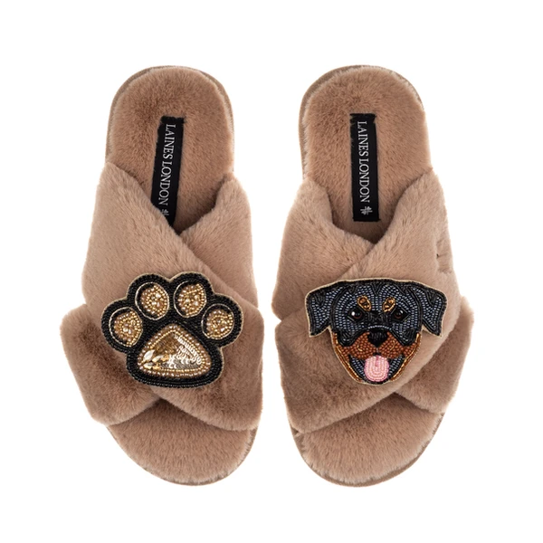 Laines London Classic Laines Slippers With Paw & Rottweiler Brooches