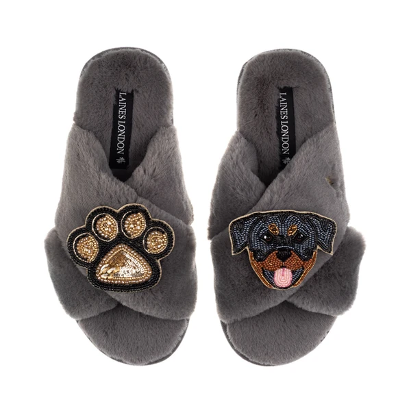 Laines London Classic Laines Slippers With Paw & Rottweiler Brooches
