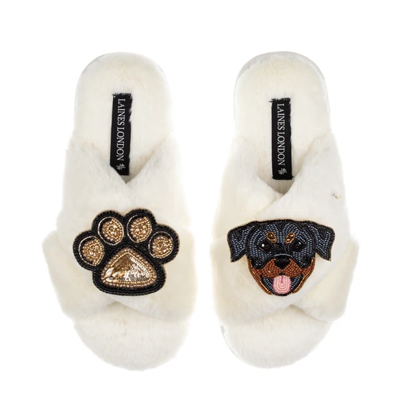 laines london Classic Laines Slippers With Paw & Rottweiler Brooches