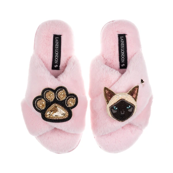 Laines London Classic Laines Slippers With Paw & Siamese Cat Brooches