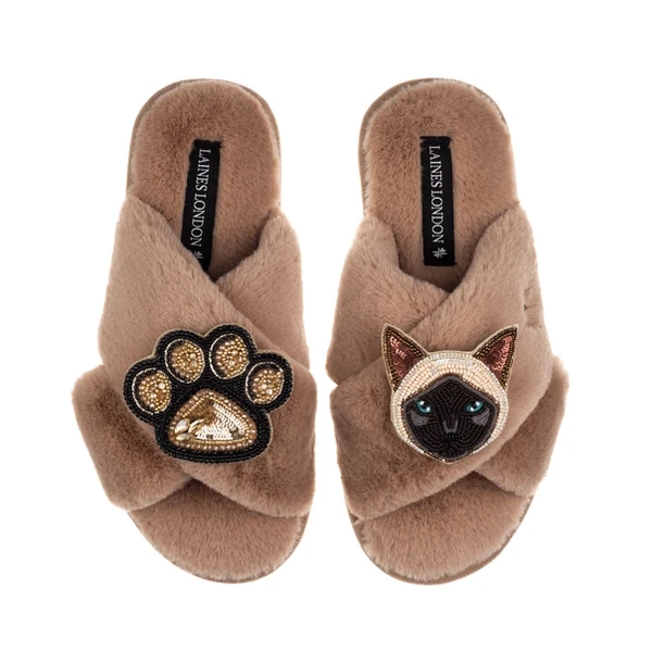 Laines London Classic Laines Slippers With Paw & Siamese Cat Brooches