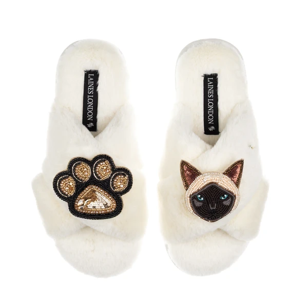 Laines London Classic Laines Slippers With Paw & Siamese Cat Brooches