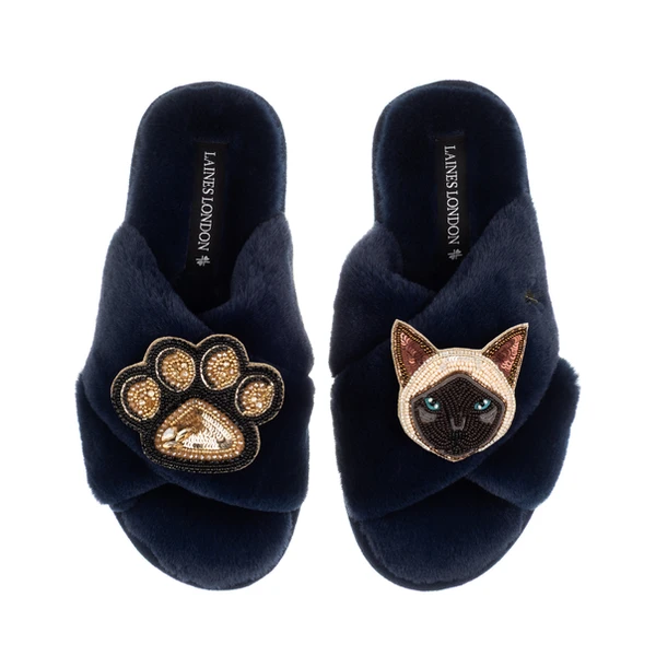 laines london Classic Laines Slippers With Paw & Siamese Cat Brooches