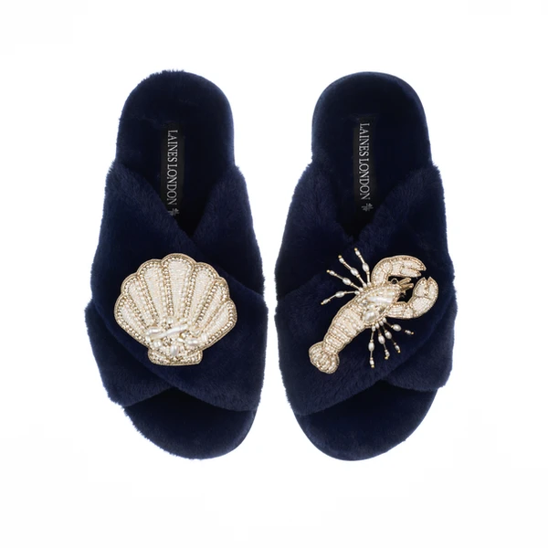 Laines London Classic Laines Slippers With Pearl Beaded Lobster & Shell Brooches