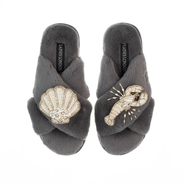 Laines London Classic Laines Slippers With Pearl Beaded Lobster & Shell Brooches