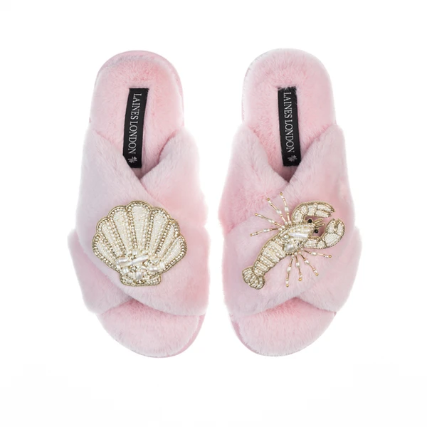 Laines London Classic Laines Slippers With Pearl Beaded Lobster & Shell Brooches