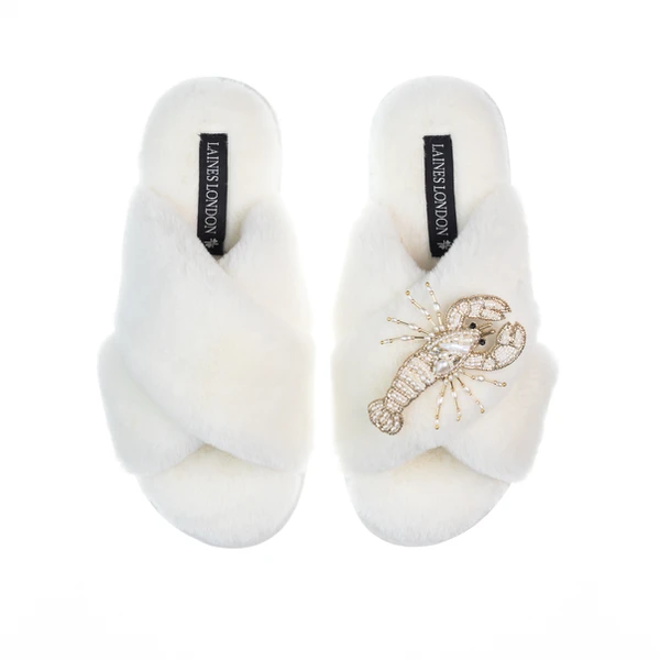 Laines London Classic Laines Slippers With Pearl Beaded Lobster Brooch