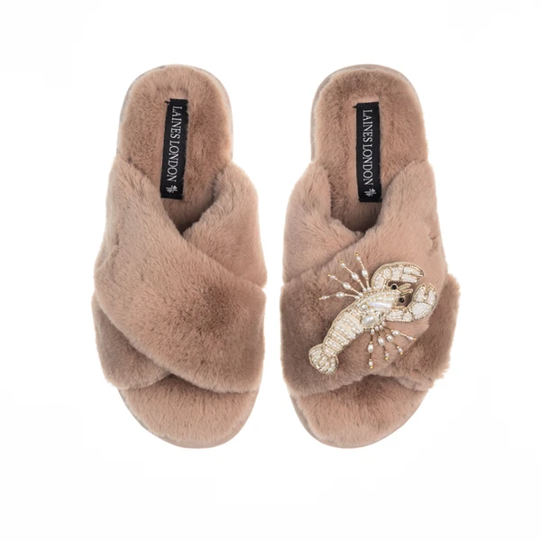 Laines London Classic Laines Slippers With Pearl Beaded Lobster Brooch
