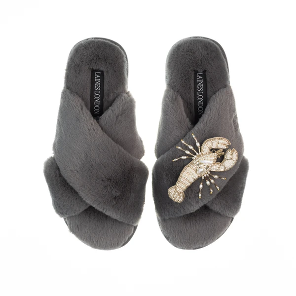 Laines London Classic Laines Slippers With Pearl Beaded Lobster Brooch