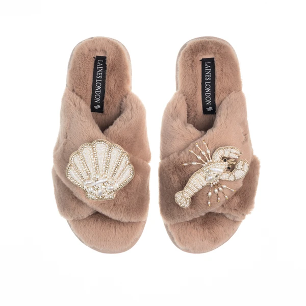 laines london Classic Laines Slippers With Pearl Beaded Lobster & Shell Brooches