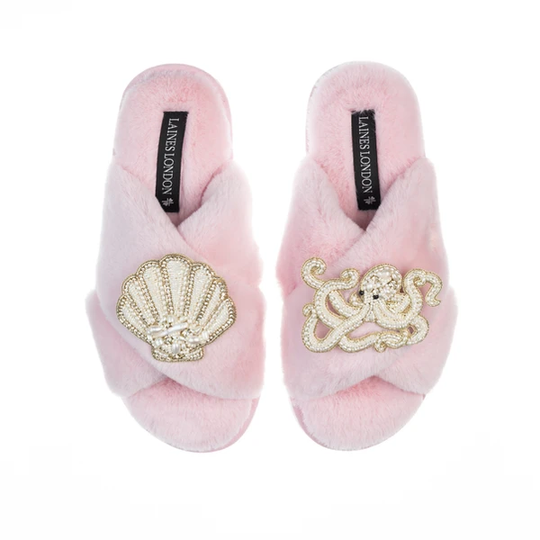 Laines London Classic Laines Slippers With Pearl Beaded Octopus & Shell Brooches