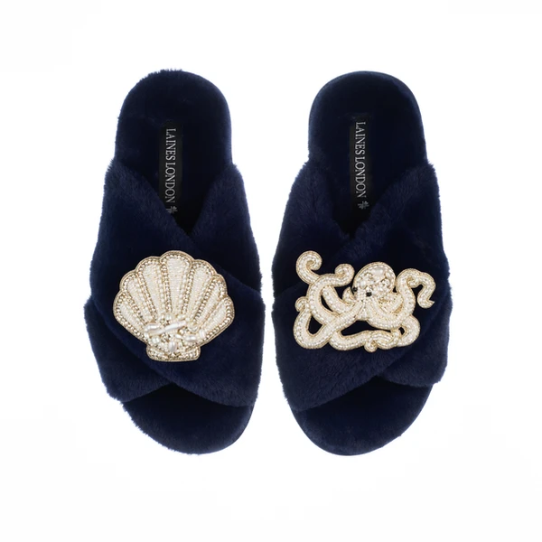 Laines London Classic Laines Slippers With Pearl Beaded Octopus & Shell Brooches