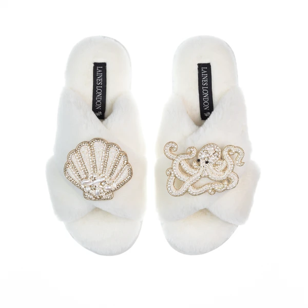 Laines London Classic Laines Slippers With Pearl Beaded Octopus & Shell Brooches