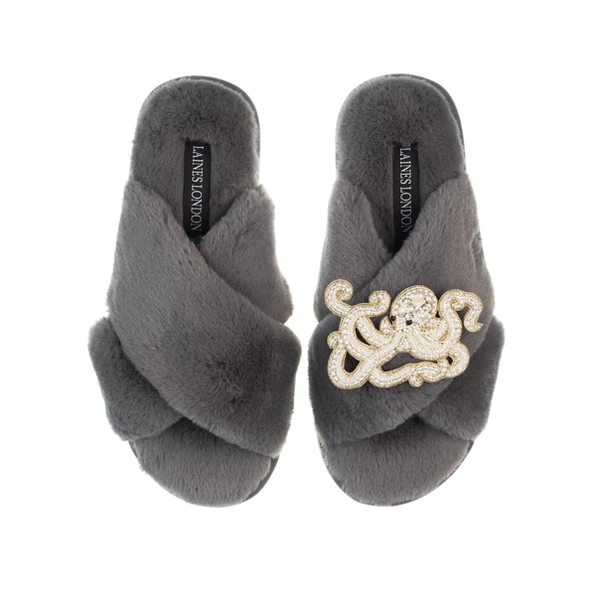 Laines London Classic Laines Slippers With Pearl Beaded Octopus Brooch