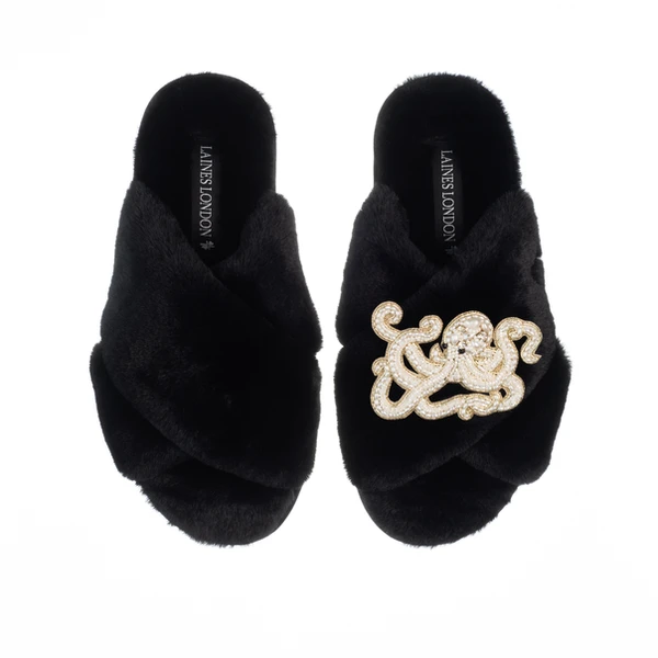 Laines London Classic Laines Slippers With Pearl Beaded Octopus Brooch