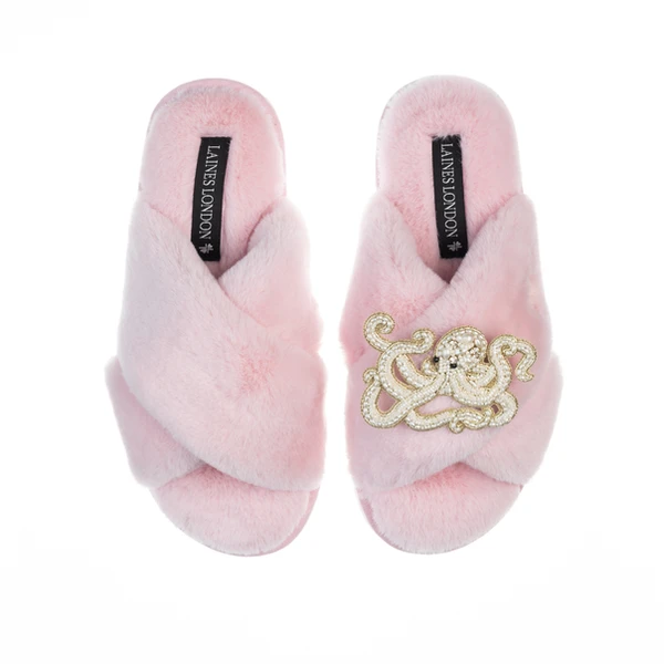 Laines London Classic Laines Slippers With Pearl Beaded Octopus Brooch