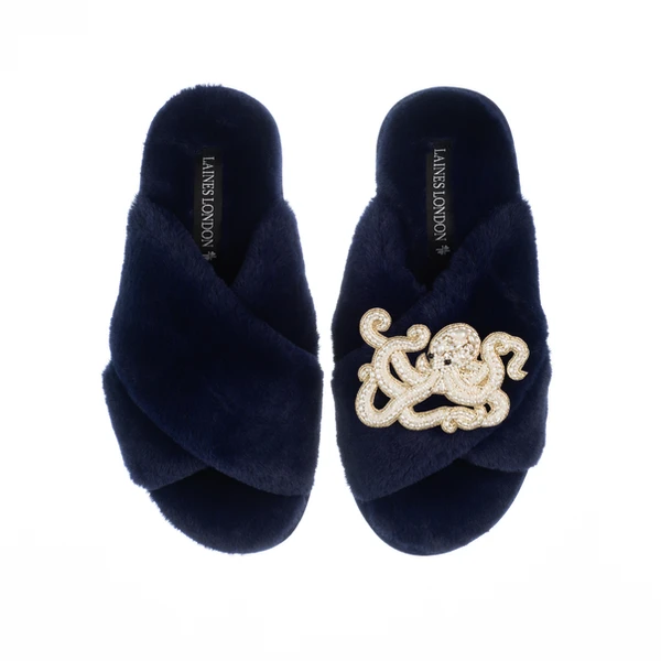 laines london Classic Laines Slippers With Pearl Beaded Octopus Brooch