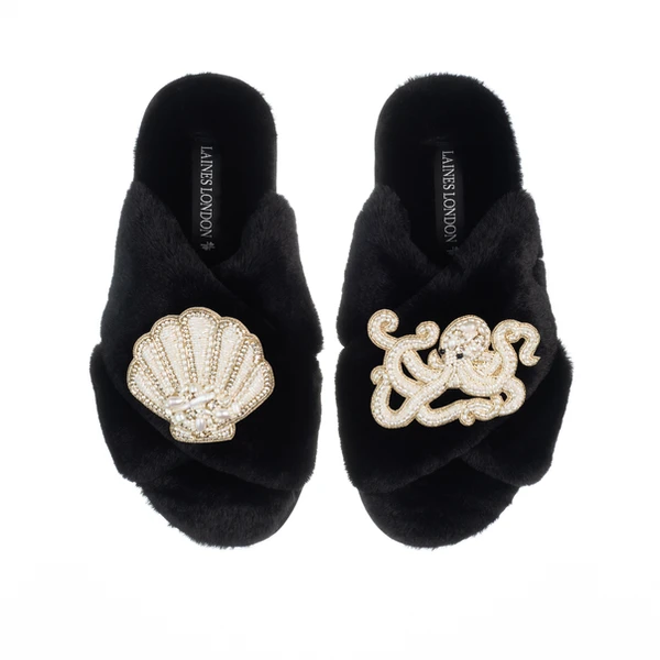 laines london Classic Laines Slippers With Pearl Beaded Octopus & Shell Brooches