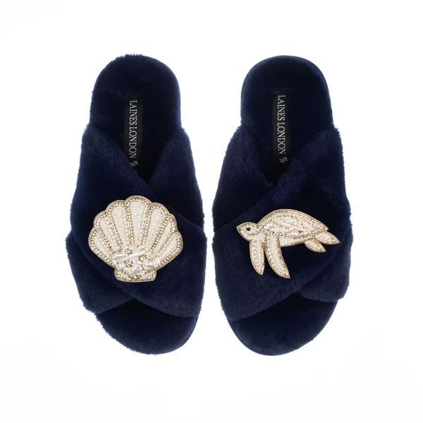 Laines London Classic Laines Slippers With Pearl Beaded Turtle & Shell Brooches