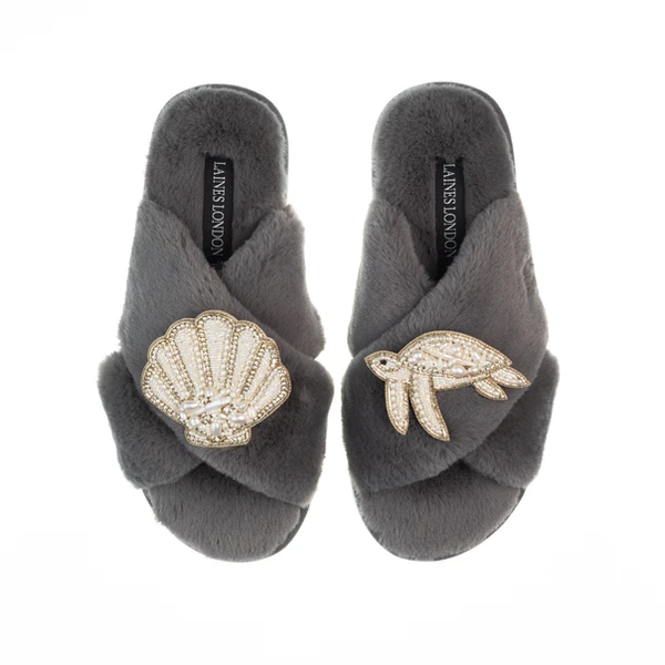 Laines London Classic Laines Slippers With Pearl Beaded Turtle & Shell Brooches