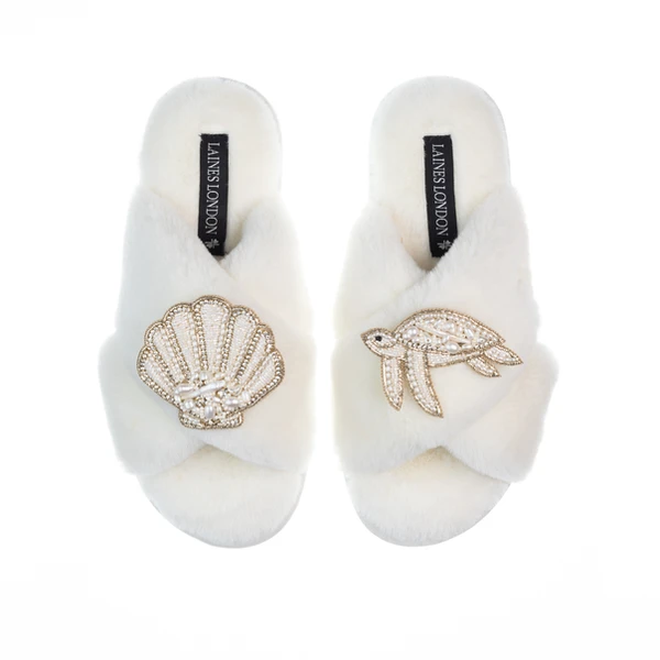 laines london Classic Laines Slippers With Pearl Beaded Turtle & Shell Brooches