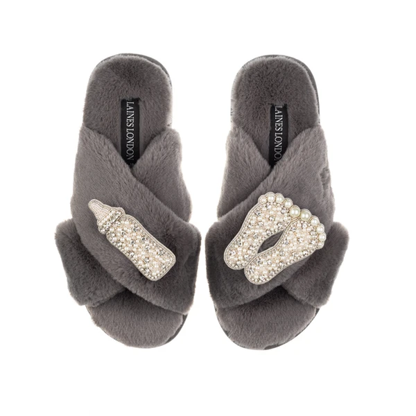 Laines London Classic Laines Slippers With Pearl New Baby Brooches
