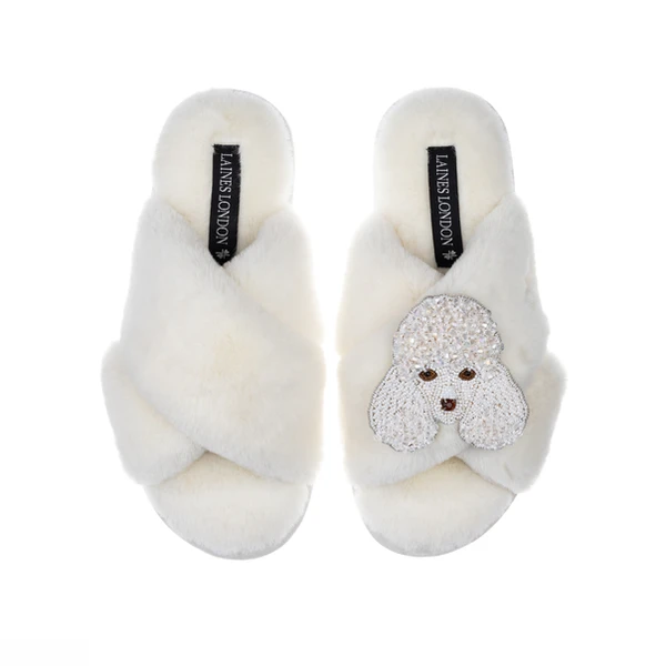 Laines London Classic Laines Slippers With Pearl The Poodle Brooch