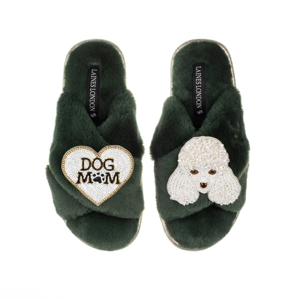 Laines London Classic Laines Slippers With Pearl The Poodle & Dog Mum / Mom Brooches