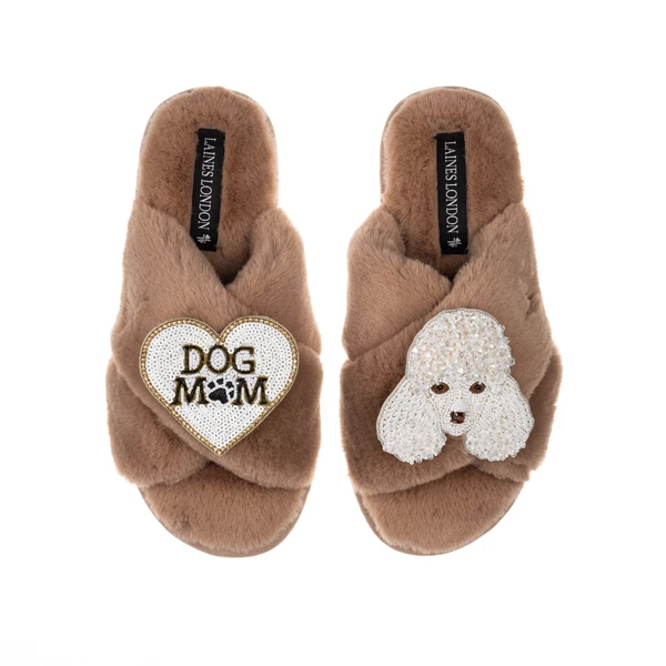 Laines London Classic Laines Slippers With Pearl The Poodle & Dog Mum / Mom Brooches