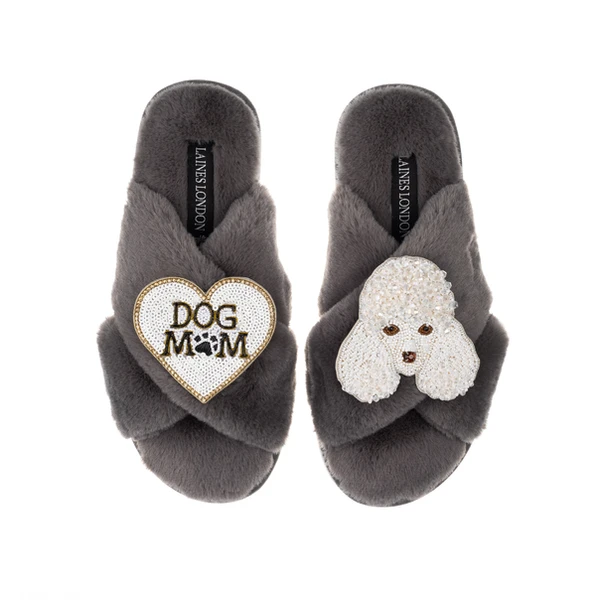 Laines London Classic Laines Slippers With Pearl The Poodle & Dog Mum / Mom Brooches