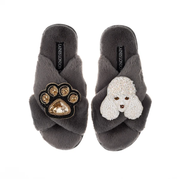 laines london Classic Laines Slippers With Pearl The Poodle & Paw Brooches