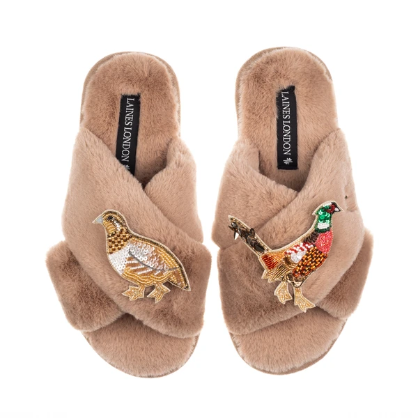 Laines London Classic Laines Slippers With Pheasant & Hen Brooches